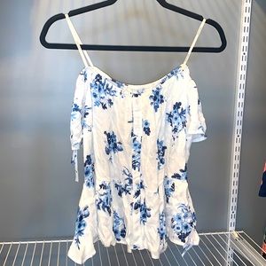 Off the shoulder white and blue floral top